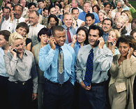 trade show attendees on the phone