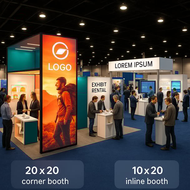 The image depicts a vibrant trade show floor bustling with activity showcasing a variety of prepackaged exhibit rental booths In the foreground a striking 2020 corner booth stands out adorned with bold backlit graphics featuring a company logo and ey